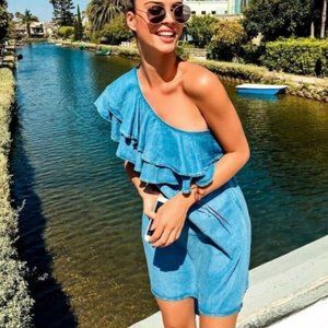 Zara One Shoulder Ruffle Chambray Dress